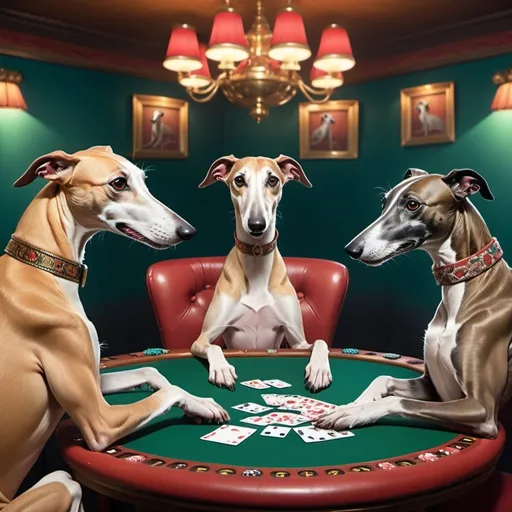 Prompt: Five greyhound dogs playing poker. 