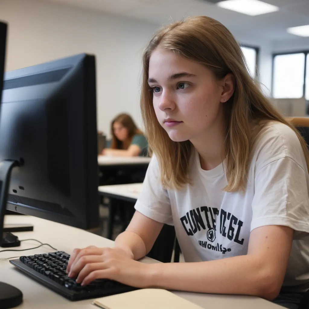 Prompt: a white female student sitting in front of a computer working