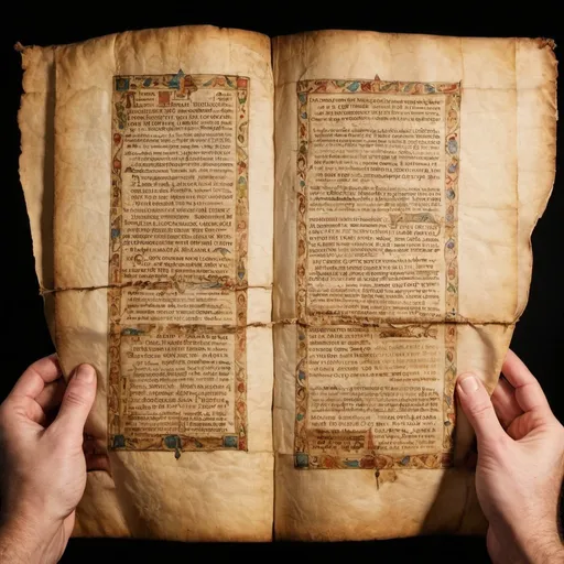 Prompt: An antique parchment of Revelation from the Bible held by a man's hand on one side and a woman's hands on the other