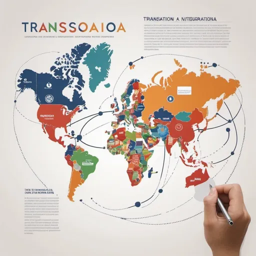 Prompt: Create an image about the definition of transnational, international and supranational. Use dots, circles and connectors to represent states, peoples, companies, ... and how they form nations and how they are related to each other.
