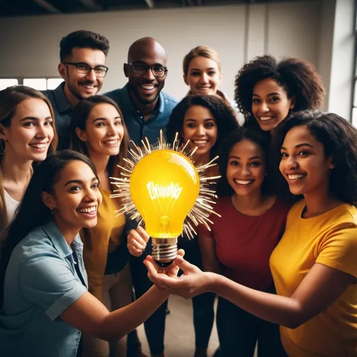 Prompt: Create a vibrant and colorful image featuring a diverse group of people in a workshop or training session. Make the central focus an 'aha moment' visual, like a glowing lightbulb or a burst of light, to symbolize a breakthrough or new idea. The scene should be lively and inspiring, showing the excitement of discovering something new.