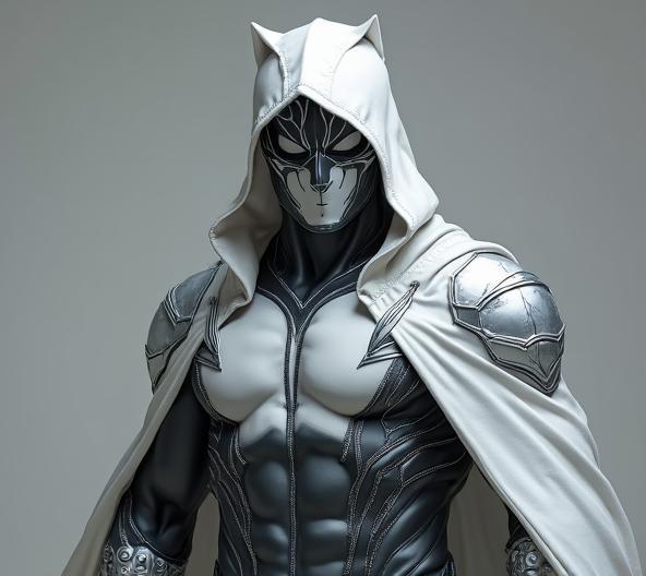 Prompt: Adult male (human) superhero, cartoon style, (wolf) themed costume, hi tech costume, skin-tight costume , (cartoon style), mask and hood, white grey and  black color scheme, silver accents, ghostly powers, detailed costume