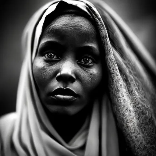 Prompt: A Black Somali women in her 20s, her eyes holding the depths of both sorrow and unwavering hope. Her love burns bright, a flicker of defiance against the darkness of separation. Though her heart aches with longing, she carries her grief with dignity, her spirit refusing to be bowed. In the face of despair, she finds solace in faith, her prayers whispered pleas for a reunion that may never come. Yet, through it all, a sliver of light remains, a testament to the enduring power of love.

She is a woman etched in moonlight, her beauty both delicate and fierce. Her voice, though laced with sadness, carries the melody of unwavering resolve. One can imagine her long, dark hair cascading down her shoulders, framing eyes that reflect the starlit sky. Her smile, when it graces her lips, is a fleeting bloom, a whisper of joy amidst the thorns of sorrow.

She is a paradox, a symphony of contradictions. She is both fragile and strong, vulnerable yet resilient. Her love is a consuming fire, yet she tempers its heat with quiet dignity. She is a woman of faith, her heart a sanctuary for whispered prayers, yet she dances on the precipice of despair. In her, fragility and fortitude intertwine, painting a portrait of a woman as luminous as the moon, as captivating as the night.
