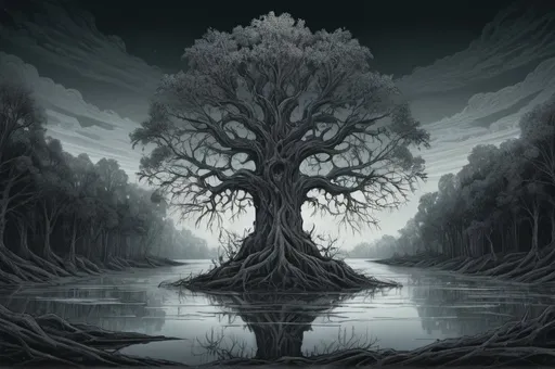 Prompt: Dan Seagrave-style illustration of a tree in the middle of a lake, intricate and detailed linework, dark and atmospheric, highly-detailed roots and branches, eerie and otherworldly atmosphere, professional, highres, detailed linework, mystical, dark and atmospheric, eerie, otherworldly