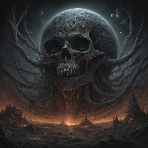 Prompt: Dan Seagrave-style depiction of the universe, detailed and intricate, horror art, dark and eerie tones, infernal atmosphere, intense and menacing scenes, high quality, detailed brushwork, surreal, nightmarish, infernal, dark and eerie tones, detailed and intricate