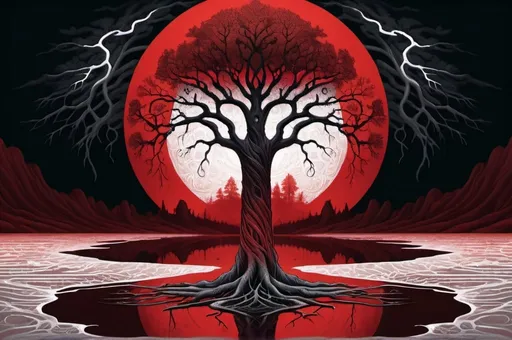 Prompt: Dan Seagrave-style illustration of a tree in the middle of a red lake, intricate and detailed linework, dark and atmospheric, highly-detailed roots and branches, eerie and otherworldly atmosphere, professional, highres, detailed linework, mystical, dark and atmospheric, eerie, otherworldly, realism, 4k