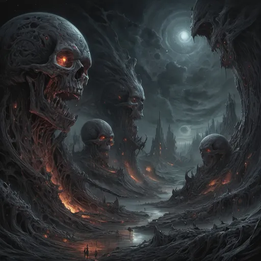 Prompt: Dan Seagrave-style depiction of the galaxy, detailed and intricate, horror art, dark and eerie tones, infernal atmosphere, intense and menacing scenes, high quality, detailed brushwork, surreal, nightmarish, infernal, dark and eerie tones, detailed and intricate