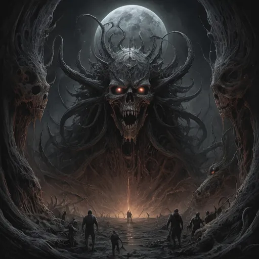 Prompt: Dan Seagrave-style depiction of space, detailed and intricate, horror art, dark and eerie tones, infernal atmosphere, intense and menacing scenes, high quality, detailed brushwork, surreal, nightmarish, infernal, dark and eerie tones, detailed and intricate, extreme metal aesthetic