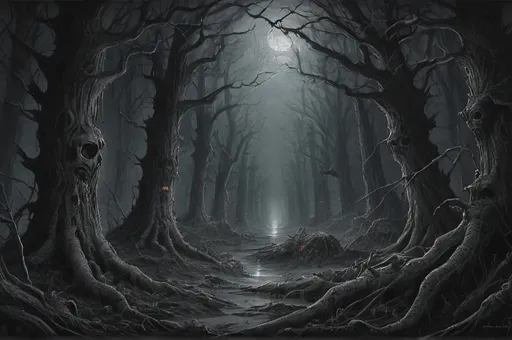 Prompt: Dan Seagrave-style depiction of a forest, detailed and intricate, horror art, dark and eerie tones, infernal atmosphere, intense and menacing scenes, high quality, detailed brushwork, surreal, nightmarish, infernal, dark and eerie tones, detailed and intricate