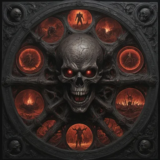 Prompt: Dan Seagrave-style depiction of the seven circles of hell, detailed and intricate, horror art, dark and eerie tones, infernal atmosphere, intense and menacing scenes, demonic and grotesque figures, high quality, detailed brushwork, surreal, nightmarish, infernal, dark and eerie tones, detailed and intricate, extreme metal aesthetic
