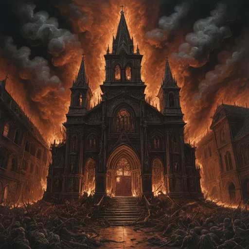 Prompt: Dan Seagrave-style depiction of a church on fire, detailed and intricate, horror art, dark and eerie tones, infernal atmosphere, intense and menacing scenes, demonic and grotesque figures, high quality, detailed brushwork, surreal, nightmarish, infernal, dark and eerie tones, detailed and intricate, extreme metal aesthetic