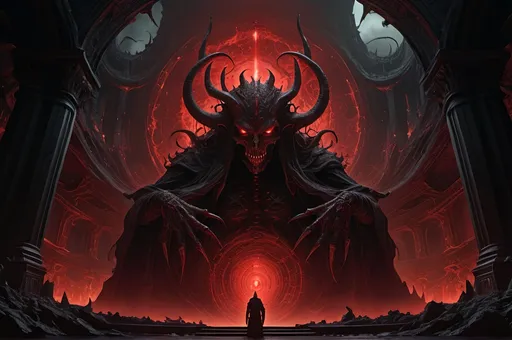 Prompt: space, dark and eerie atmosphere, detailed and intricate demonic figures, hellish landscape, 4k resolution, Dan Seagrave style, ominous red and black tones, haunting and otherworldly lighting, infernal architecture, highly detailed, dark fantasy, infernal circles, demonic creatures, intricate details, professional, atmospheric lighting