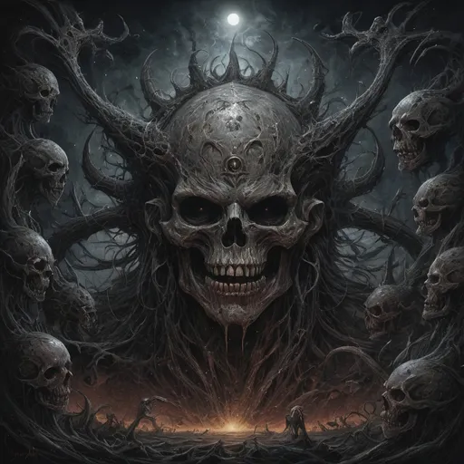 Prompt: Dan Seagrave-style depiction of the universe, detailed and intricate, horror art, dark and eerie tones, infernal atmosphere, intense and menacing scenes, demonic and grotesque figures, high quality, detailed brushwork, surreal, nightmarish, infernal, dark and eerie tones, detailed and intricate, extreme metal aesthetic