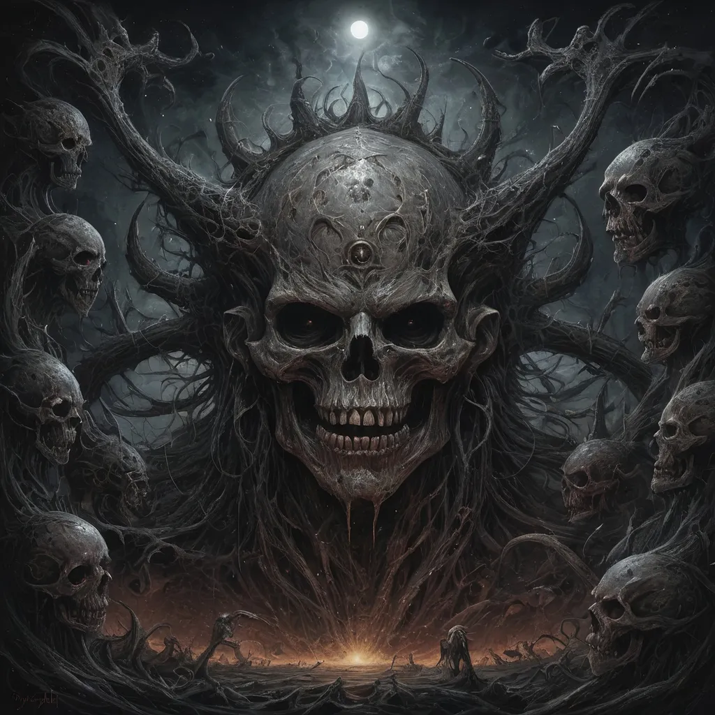 Prompt: Dan Seagrave-style depiction of the universe, detailed and intricate, horror art, dark and eerie tones, infernal atmosphere, intense and menacing scenes, demonic and grotesque figures, high quality, detailed brushwork, surreal, nightmarish, infernal, dark and eerie tones, detailed and intricate, extreme metal aesthetic