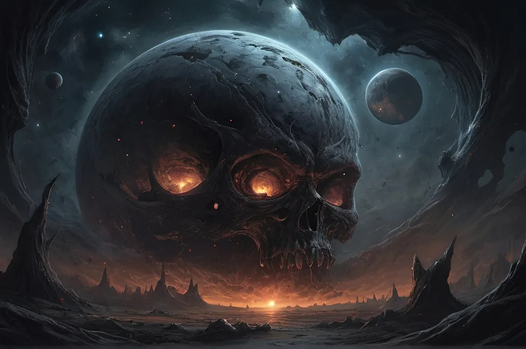 Prompt: Dan Seagrave-style depiction of the galaxy, detailed and intricate, horror art, dark and eerie tones, infernal atmosphere, intense and menacing scenes, high quality, detailed brushwork, surreal, nightmarish, infernal, dark and eerie tones, detailed and intricate