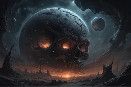 Prompt: Dan Seagrave-style depiction of the galaxy, detailed and intricate, horror art, dark and eerie tones, infernal atmosphere, intense and menacing scenes, high quality, detailed brushwork, surreal, nightmarish, infernal, dark and eerie tones, detailed and intricate