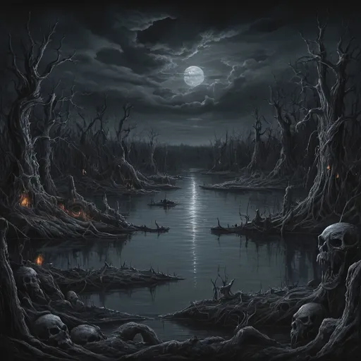 Prompt: Dan Seagrave-style depiction of a lake at night, detailed and intricate, horror art, dark and eerie tones, infernal atmosphere, intense and menacing scenes, demonic and grotesque figures, high quality, detailed brushwork, surreal, nightmarish, infernal, dark and eerie tones, detailed and intricate, extreme metal aesthetic