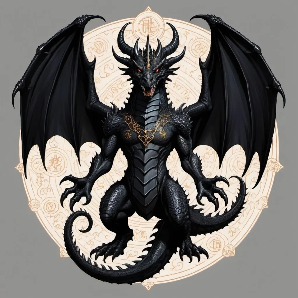 Prompt: A black dragon with seven horns and demonic features. It's body surrounded by sigils of the Seven Deadly Sins and has a connection to the Void.