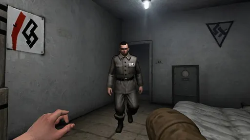 Prompt: a prisoner with prisoner clothes in a nazi camp in a ps2 first person videogame sneaking around gathering evidence