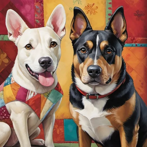 Prompt: playful dogs , each one with their own unique patchwork design that adds a touch of whimsy to their portraits. With every detail carefully crafted, these dogs are sure to steal your heart.

