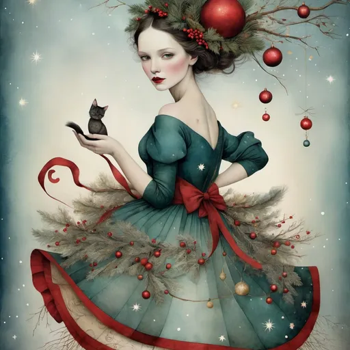 Prompt: Experience the captivating beauty of Christmas in the style of Catrin Welz-Stein's art, where attractive people and fantastical creatures are rendered in stunningly detailed ink and watercolor illustrations."

