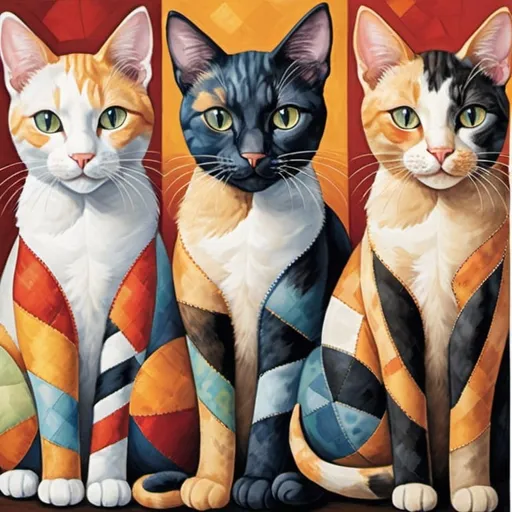 Prompt: playful kitties, each one with their own unique patchwork design that adds a touch of whimsy to their portraits. With every detail carefully crafted, these cats are sure to steal your heart.

