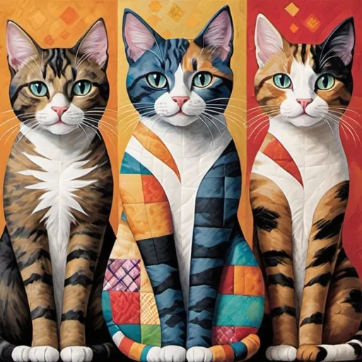 Prompt: playful kitties, each one with their own unique patchwork design that adds a touch of whimsy to their portraits. With every detail carefully crafted, these cats are sure to steal your heart.

