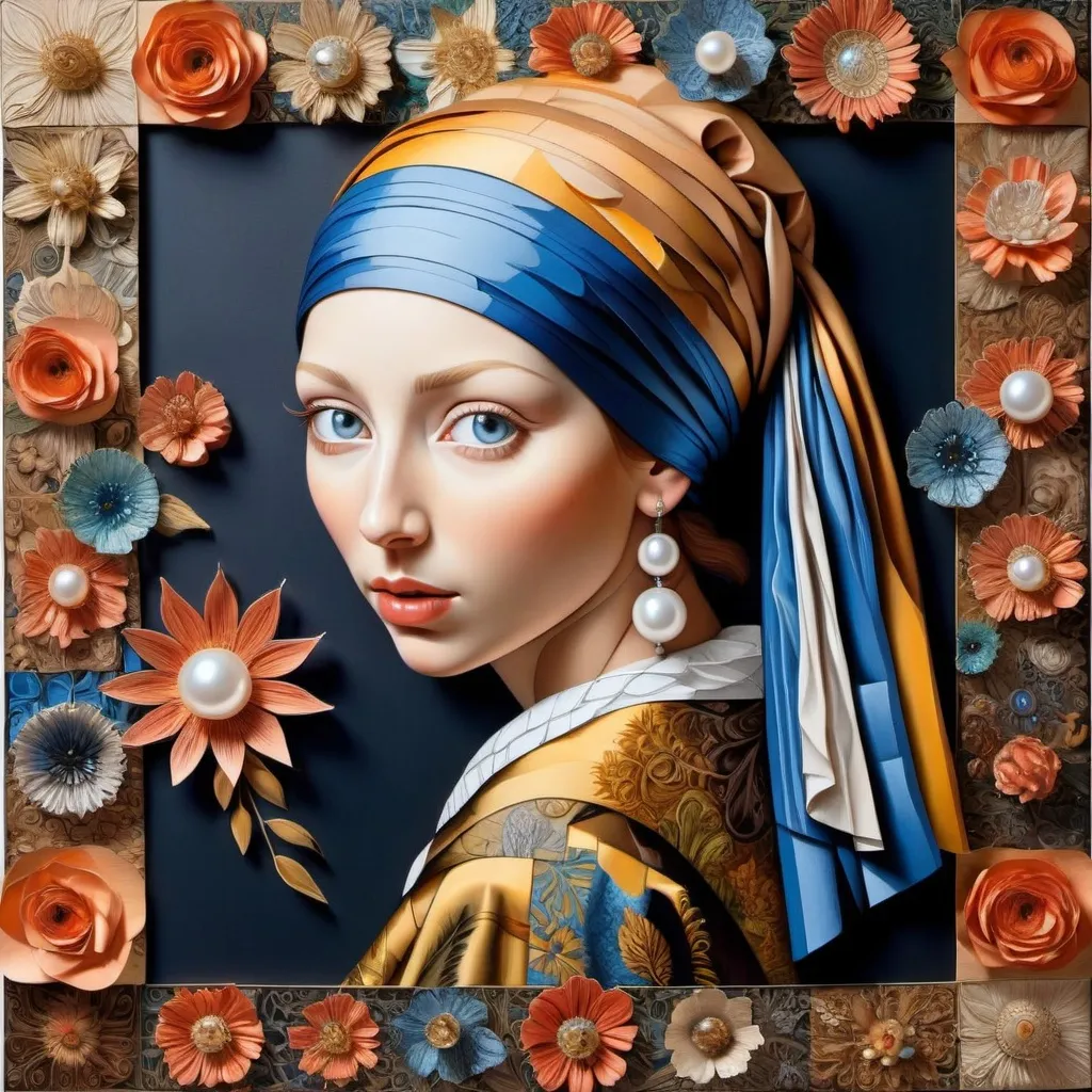 Prompt: Intricate detailed 3D paper patchwork of beautiful woman depicting "The girl with the pearl earring " Perfect highly realistic eyes, style by Catherine Abel, Stephen Gibb, Ernst Haeckel, crisp quality, high definition, DMT Style Art, Core It !! 
expressionistic florals