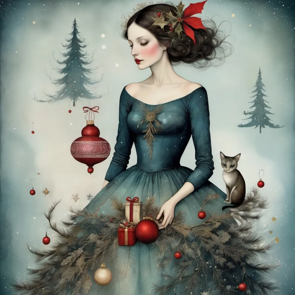 Prompt: Experience the captivating beauty of Christmas in the style of Catrin Welz-Stein's art, where attractive people and fantastical creatures are rendered in stunningly detailed ink and watercolor illustrations."
