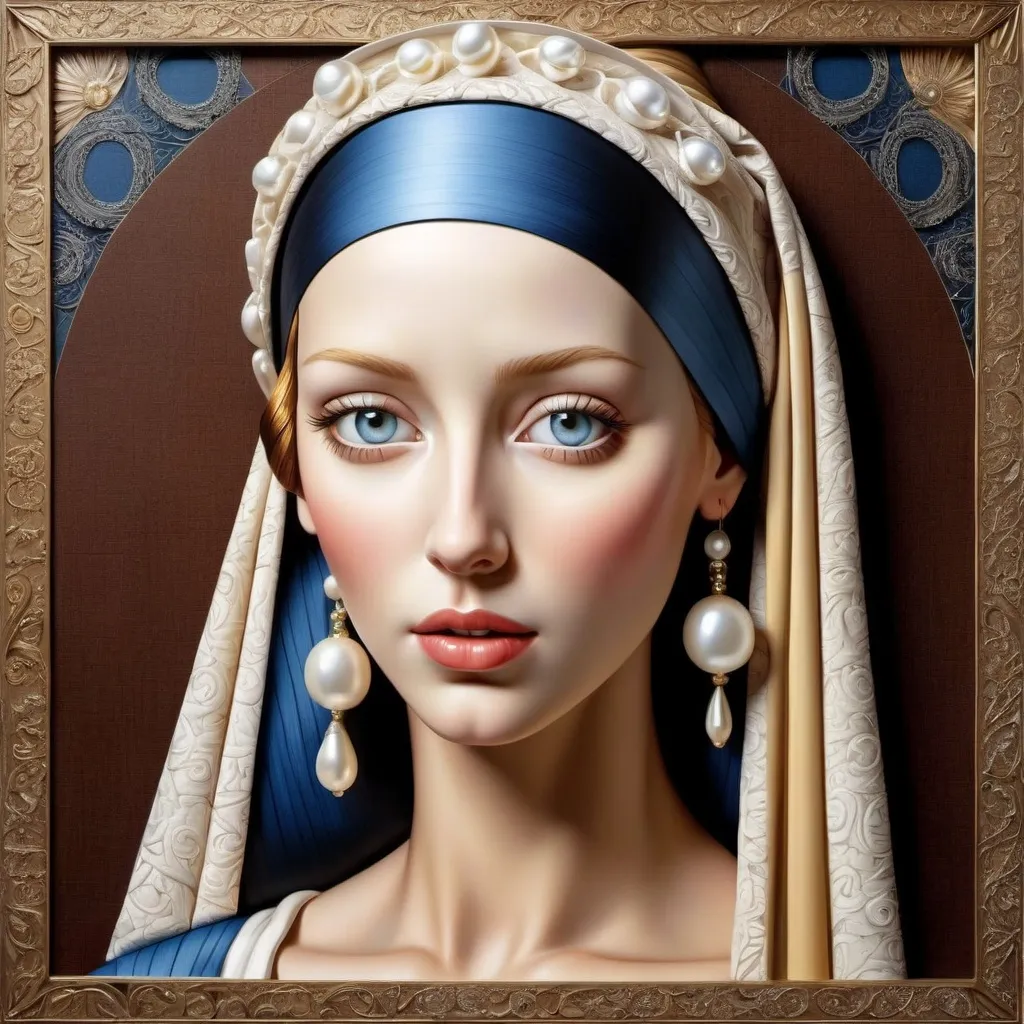 Prompt: Intricate detailed 3D paper patchwork of beautiful woman depicting "The girl with the pearl earring " Perfect highly realistic eyes, style by Catherine Abel, Stephen Gibb, Ernst Haeckel, crisp quality, high definition, DMT Style Art, Core It !! 
expressionistic florals