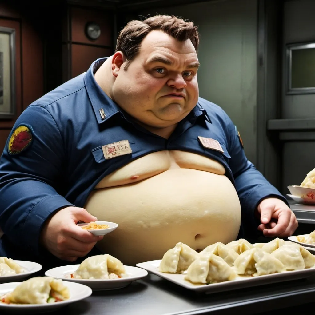 Prompt: Newt geiszler from pacific rim with a fat little stuffed belly, eating dumplings. He is in the belly of a kaiju.