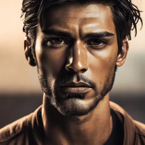 Prompt: Realistic image of a hot man, dark brown hair, tan skin, intense gaze, high quality, realistic style, detailed features, warm lighting, handsome, rugged, masculine, sharp jawline, stubble, piercing eyes, defined cheekbones, professional