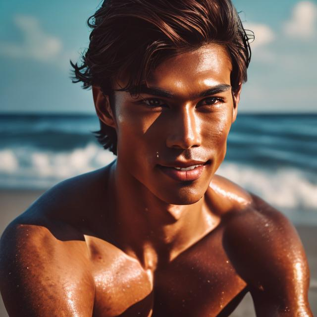 Prompt: Professional photography of a hot man with tan skin and dark brown hair, warm lighting, soft warm smile, warm inviting eyes, beach setting, summer vibes, high quality, professional, masculine, detailed features, warm tones, beach, summer, portrait, toned physique, inviting gaze, atmospheric lighting