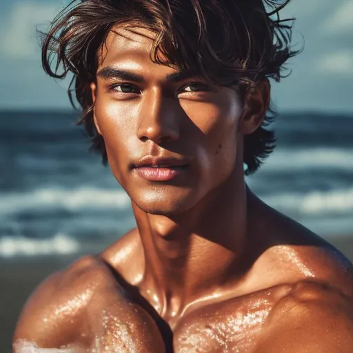 Prompt: Professional photography of a hot man with tan skin and dark brown hair, warm lighting, soft warm smile, warm inviting eyes, beach setting, summer vibes, high quality, professional, masculine, detailed features, warm tones, beach, summer, portrait, toned physique, inviting gaze, atmospheric lighting