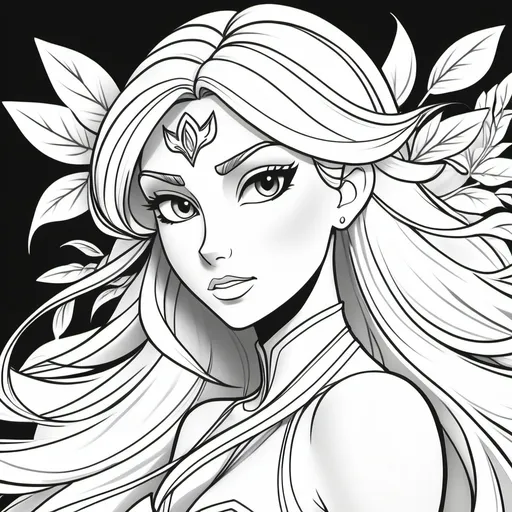 Prompt: a low-quality monochrome coloring page capturing the intense expression on figure of the Flora, Magic Winx, with her iconic silhouette. A technique such as: Line Sketch. An account of how the line sketch technique accentuates Flora's facial features, emphasizing contours and expressions with bold, confident strokes