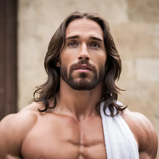 Prompt: Muscular handsome jesus actual face and jacked body and holy spirit