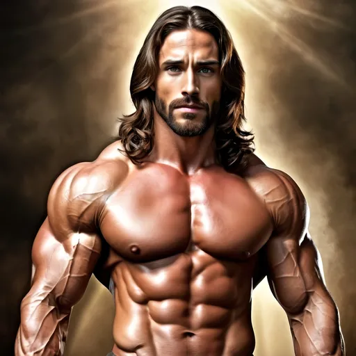 Prompt: Muscular handsome jesus actual face and jacked body and holy spirit he should be more jacked and more muscular like a holy bodybuilder perfectly create a picture