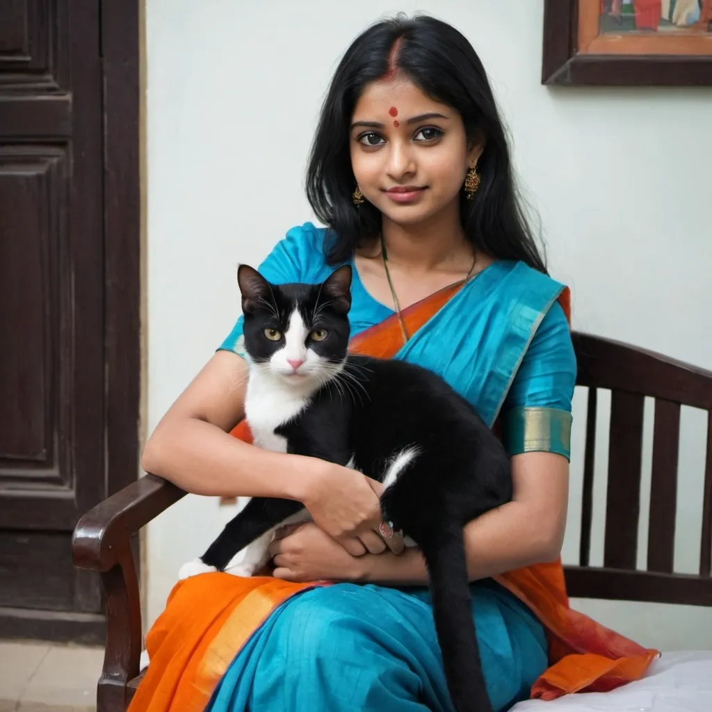 Prompt: black hair girl, blue saree, orange cat, sitting on the lap