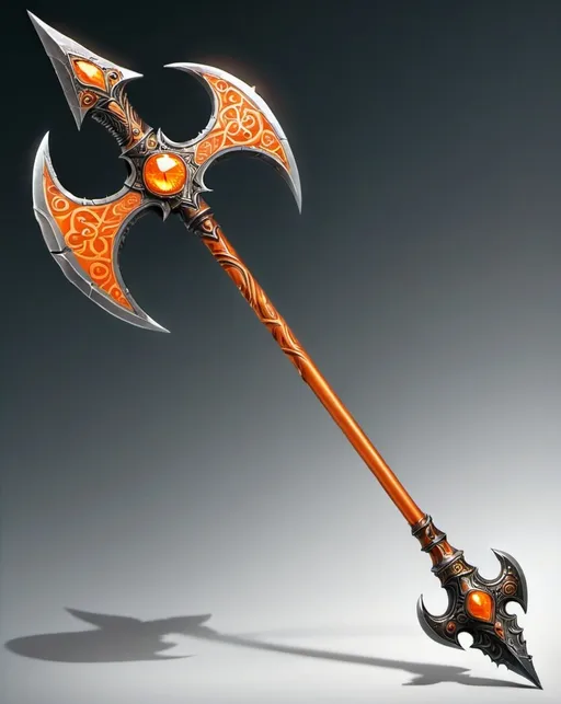 Prompt: A fantasy halberd with a long shaft, intricate designs and an orange shine