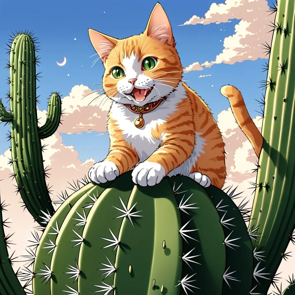 Prompt: anime, cat, detailed, sitting on a cactus, detailed, very joyful, ears, very detailed