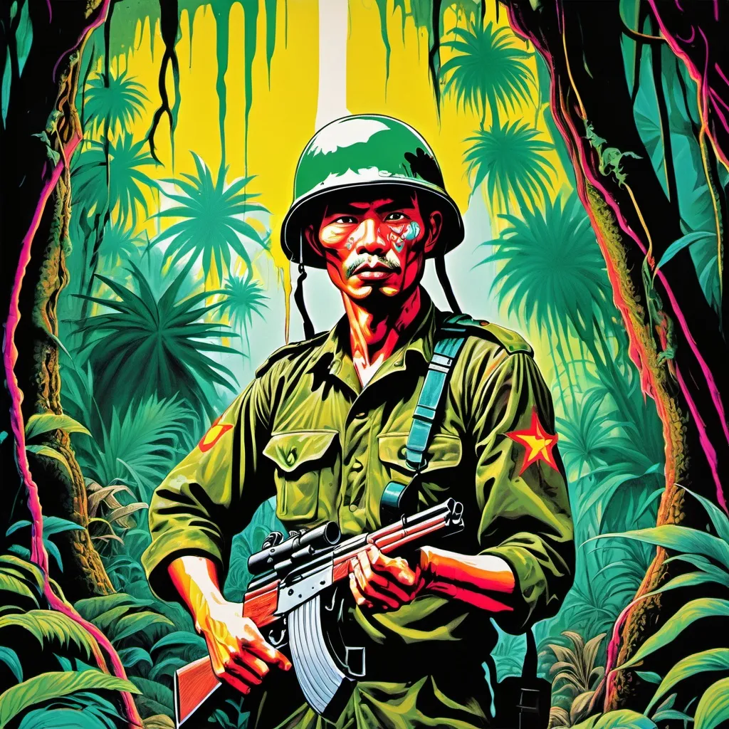 Prompt: psychedelic print vietcong soldier , jungle, melting, concert poster, trick of the eye painting