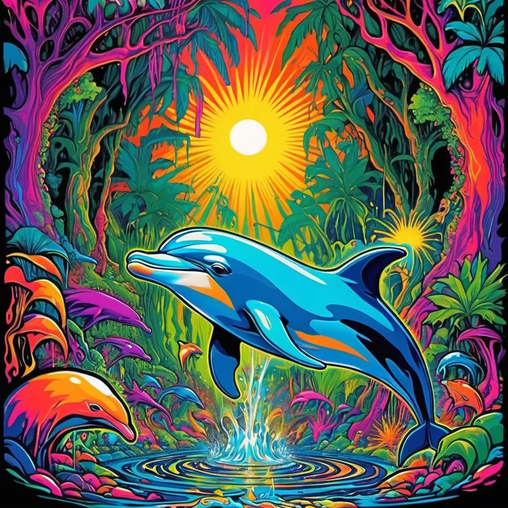 Prompt: psychedelic print dolphin , jungle, melting, concert poster, trick of the eye painting