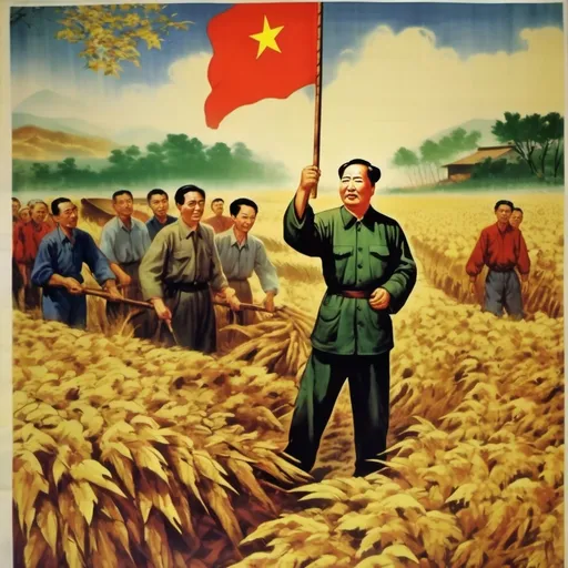 Prompt: Chinese propaganda poster from the cultural revolution, mao zedong helping the farmers