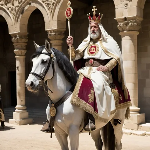 Prompt: Real humane, King of Israel with a crown sitting on a horse with a flag, Or levy