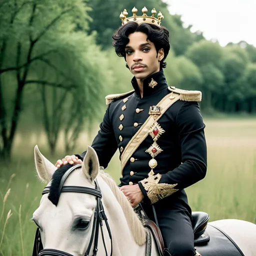 Prompt: Prince with short hair and no beard with crown sit on horse in the nature with a grass, Or Levy, Levy international.