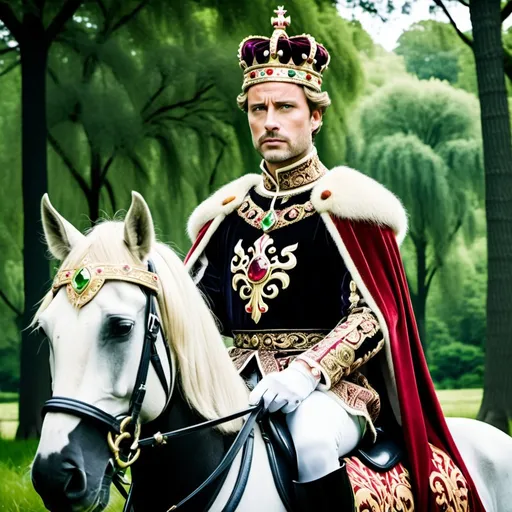 Prompt: King with short hair and no beard with crown sitting on a royal horse in the nature with a grass and trees, Or Levy, Levy international.