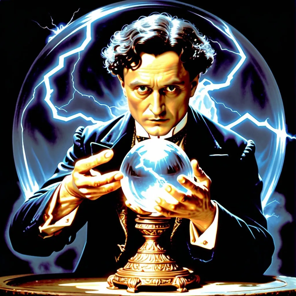 Prompt: Wizard with a crystal ball and lightning around the crystal ball, Harry Houdini, Harry Houdini, Or Levy