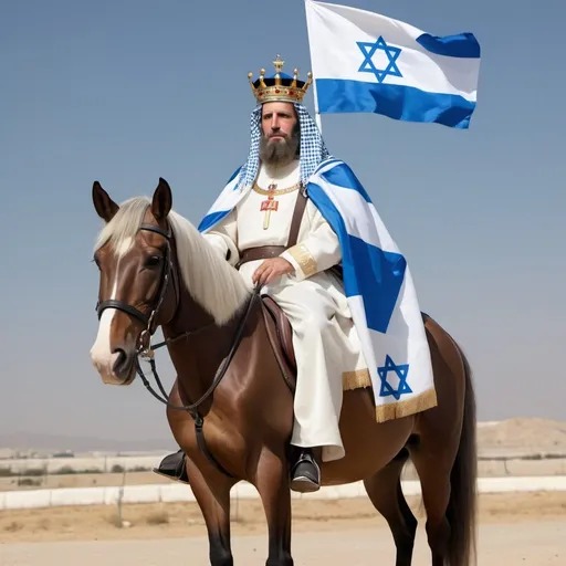 Prompt: King of Israel sittin on a royal horse with a flag of Israel real human, Or levy