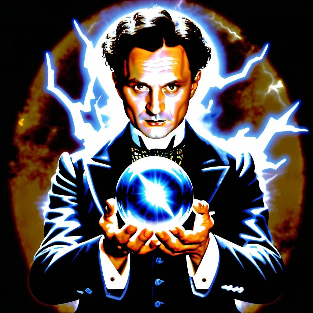 Prompt: A magician holds a crystal ball in one hand and lightning flashes from the other hand, Harry Houdini, Harry Houdini, Or Levy