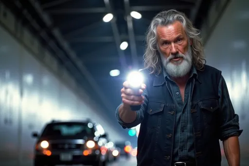 Prompt: @DpmkhL6Wxhjwyp1RztoC walking down a bright car tunnel holding a flashlight